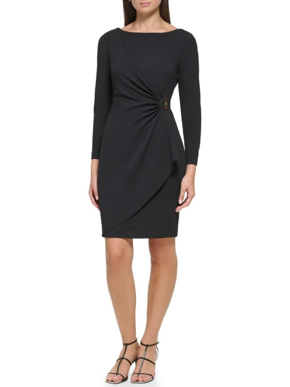 Chic Long Sleeve Jewel Neck Mini Dress with Buckle Detail - Scuba Crepe Style